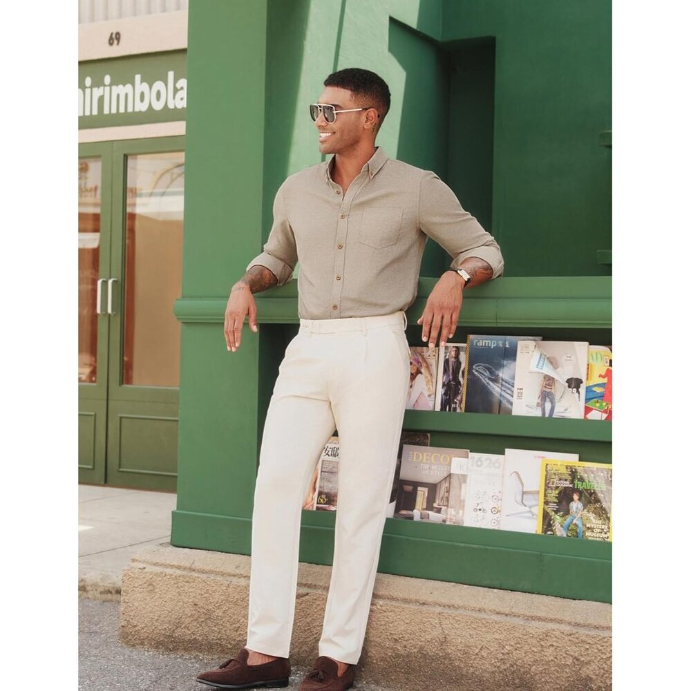 Men's Beige Classic Fit Linen Long Sleeve Button Down Casual Shirts - Picture 4 of 6